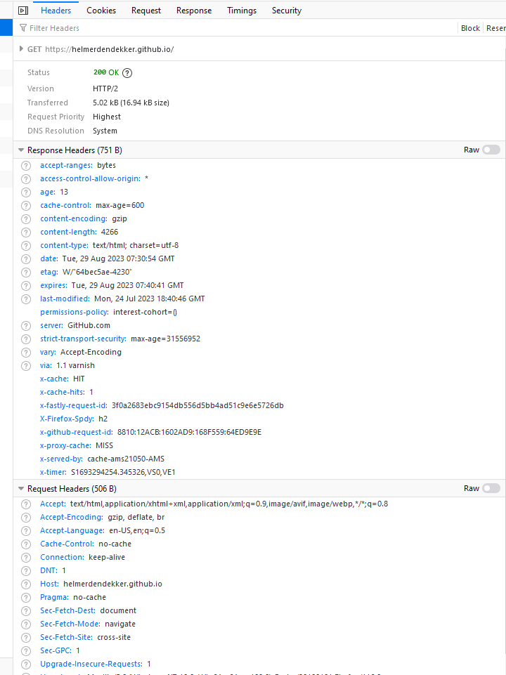 HTTP call details for helmerdendekker.github.io HTTP call header details
