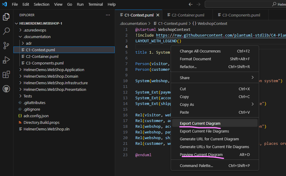 PlantUML menu in Visual Studio Code Menu in Visual Studio Code